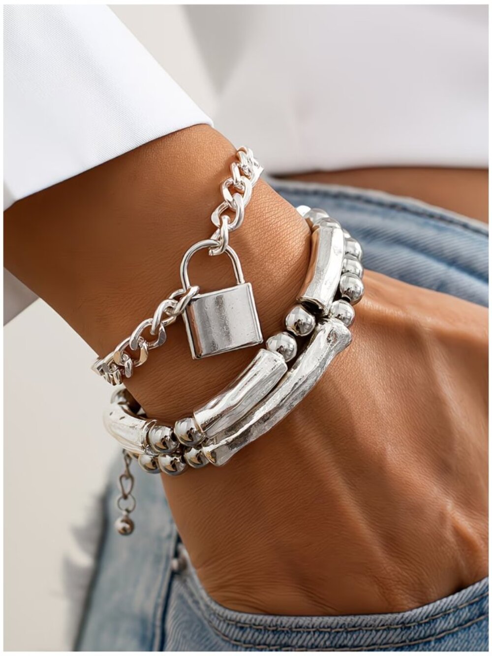 3 Chunky Bohemian-Chic Bracelet Set Cuban Chain Lock Pendant Bold Silver-Plate